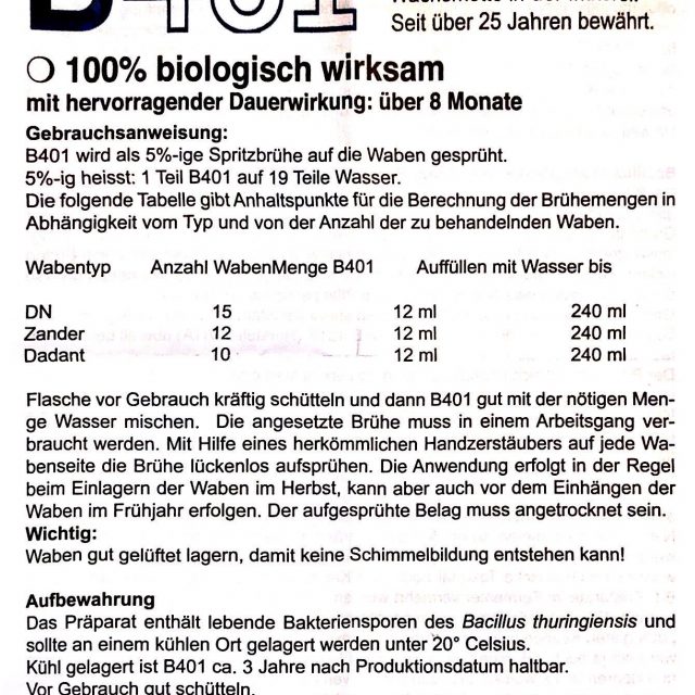 B401 Biologisches Wachsmottenmittel Anweisung